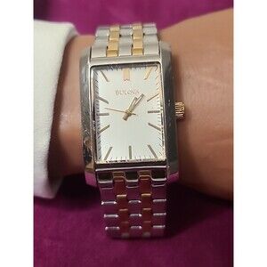 BULOVA 98A137 CLASSIC SILVER DIAL TWO TONE BRACELET BAND MENS WATCH TESTED WORKS